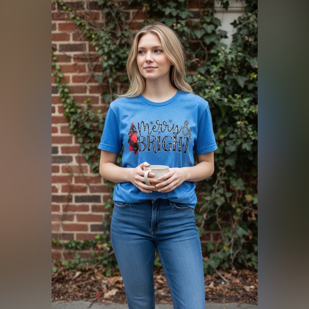 New Merry & Bright blue Christmas graphic tee